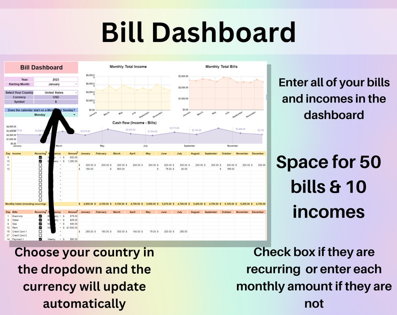 Bill Dashboard showing how to use the spreadsheet to manage bills and finances.