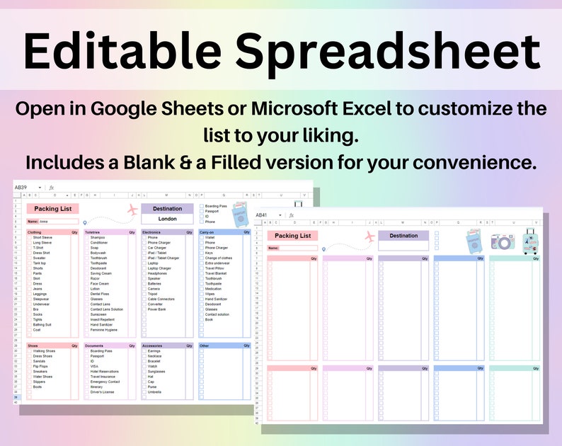May include: Editable spreadsheet template for packing lists. The spreadsheet includes a filled example for a trip to London and a blank template. The spreadsheet is designed to be used in Google Sheets or Microsoft Excel.