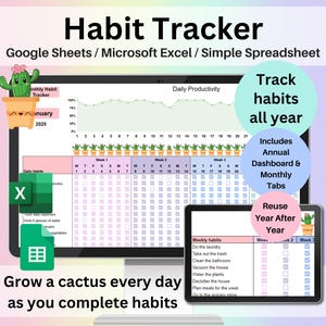Hoja de cálculo de seguimiento de hábitos Hojas de cálculo de Google y Excel Diaria Semanal Mensual Anual Establecimiento de objetivos Planificador de productividad digital Plantilla de rutina