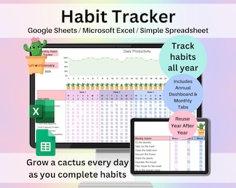 Hoja de cálculo de seguimiento de hábitos Hojas de cálculo de Google y Excel Diaria Semanal Mensual Anual Establecimiento de objetivos Planificador de productividad digital Plantilla de rutina