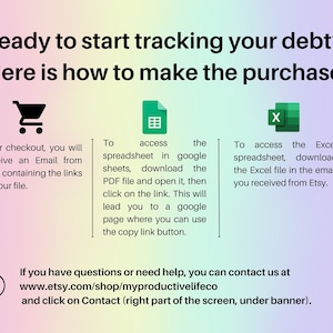 May include: A colourful graphic with instructions on how to access a debt tracking spreadsheet after purchase. The graphic includes icons for a shopping cart, a Google Sheets spreadsheet, and an Excel spreadsheet. The text includes the phrase "Ready to start tracking your debt?"