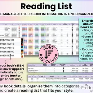 Detailed book entry table with columns for title, author, ISBN, cover, format, source, status, genre, rating, dates, pages, hours, series information, publication details, and custom categories. Book covers appear automatically when ISBN is entered in Google Sheets.