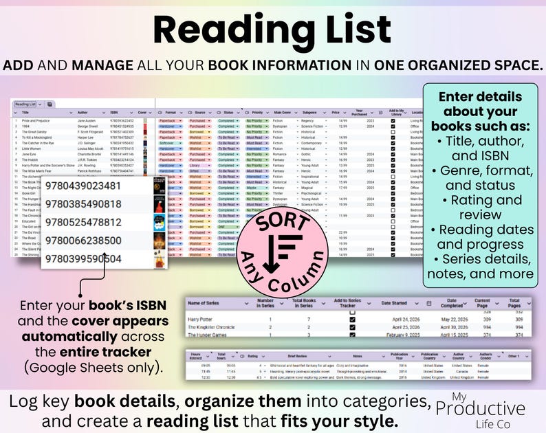 Detailed book entry table with columns for title, author, ISBN, cover, format, source, status, genre, rating, dates, pages, hours, series information, publication details, and custom categories. Book covers appear automatically when ISBN is entered in Google Sheets.