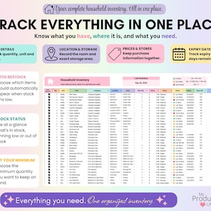 Household inventory tracker for recording item quantities, units, categories, locations, storage areas, minimum quantities, prices, stores, stock status, expiry dates and notes in one master list.