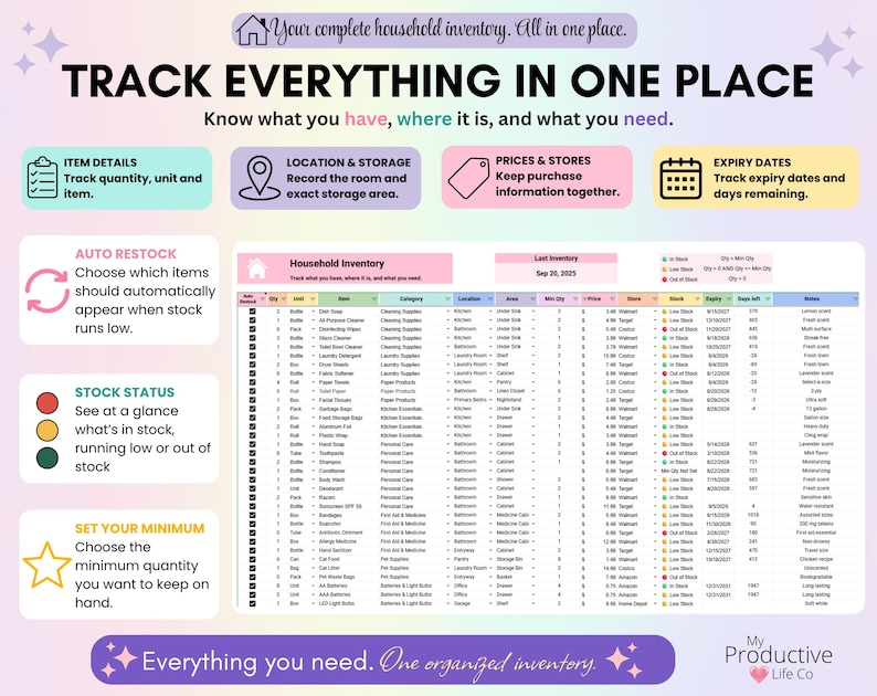 Household inventory tracker for recording item quantities, units, categories, locations, storage areas, minimum quantities, prices, stores, stock status, expiry dates and notes in one master list.