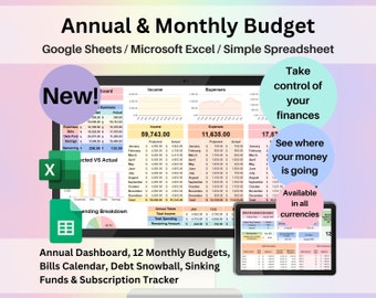 Annual & Monthly Budget Spreadsheet Google Sheets Excel Template Financial Planner Debt Snowball Sinking Funds Subscription Tracker Income