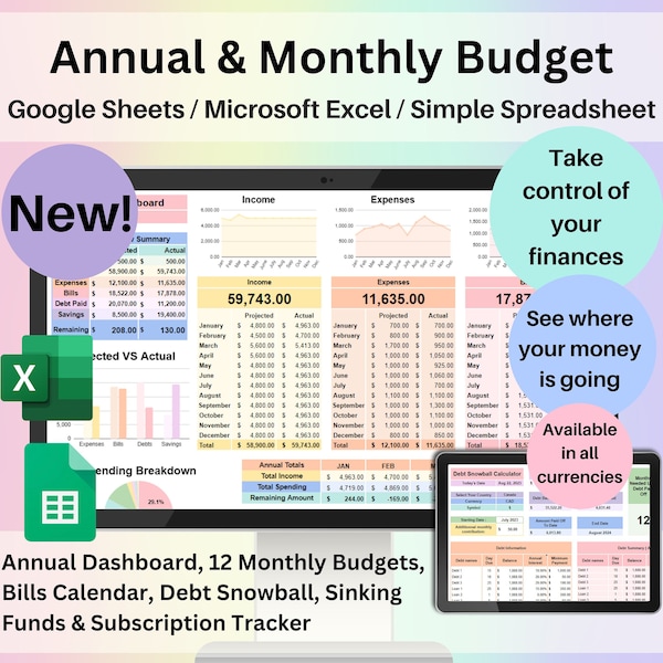 Annual & Monthly Budget Spreadsheet Google Sheets Excel Template Financial Planner Debt Snowball Sinking Funds Subscription Tracker Income