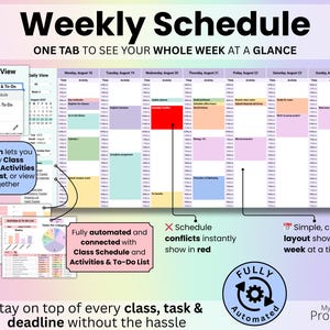 Weekly Schedule: Slide with weekly schedule view, automatically updated from class schedule and to-do list.