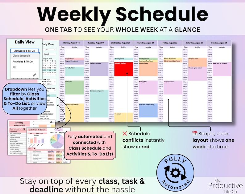 Weekly Schedule: Slide with weekly schedule view, automatically updated from class schedule and to-do list.