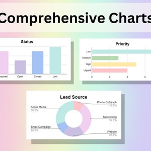 May include: Four bar charts and a pie chart showing data about lead status, priority, lead source, and percentages. The charts are in pastel colours, with the title "Comprehensive Charts" at the top.
