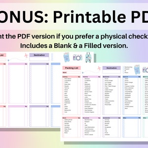 May include: Printable packing list checklist with a light blue background and colorful accents. The checklist includes sections for clothing, toiletries, electronics, carry-on items, and before leaving. The checklist is designed for travel and includes a blank and a filled version.