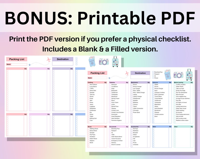 May include: Printable packing list checklist with a light blue background and colorful accents. The checklist includes sections for clothing, toiletries, electronics, carry-on items, and before leaving. The checklist is designed for travel and includes a blank and a filled version.
