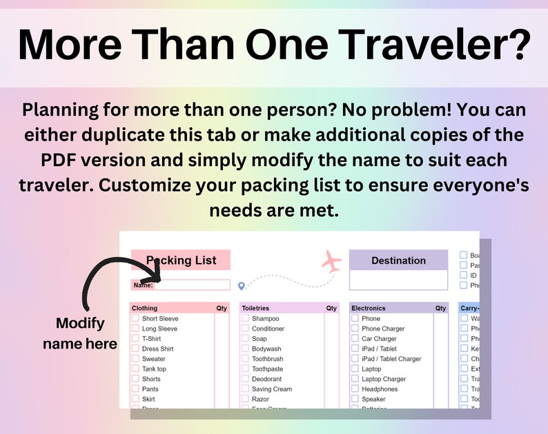 May include: A pink and blue printable packing list with a section for clothing, toiletries, electronics, and carry-on items. The list includes a space to write the traveler's name and destination. The text "Modify name here" is highlighted in a black arrow.