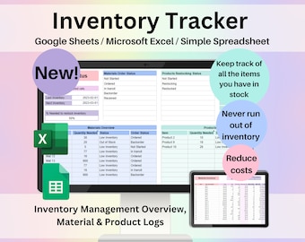 May include: A computer screen displaying a spreadsheet with the title "Inventory Tracker". The spreadsheet is divided into two sections, one for materials and one for products. Each section has columns for quantity needed, status, and order status. The spreadsheet is designed to help users keep track of their inventory and avoid running out of stock. The text "New!" is highlighted in a pink circle on the screen.