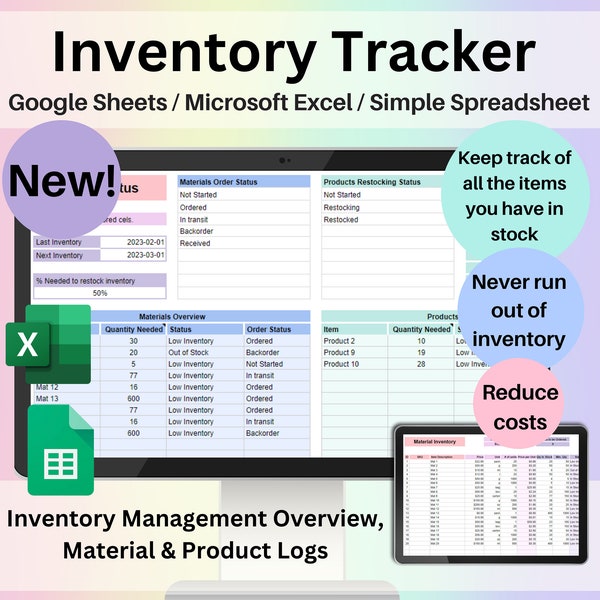 Inventory Tracker & Manager Small Business Spreadsheet Google Sheets Template Digital Materials and Products Overview Inventory Management