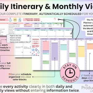 Daily Itinerary and Monthly View tabs displaying color-coded activities in timeline format and full calendar layout with automatic updates and no duplicate entry.