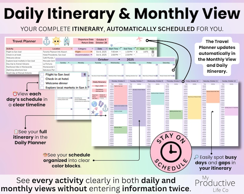 Daily Itinerary and Monthly View tabs displaying color-coded activities in timeline format and full calendar layout with automatic updates and no duplicate entry.