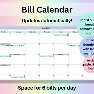 Monthly calendar highlighting due dates and payment status for each bill.