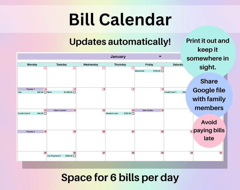 Monthly calendar highlighting due dates and payment status for each bill.
