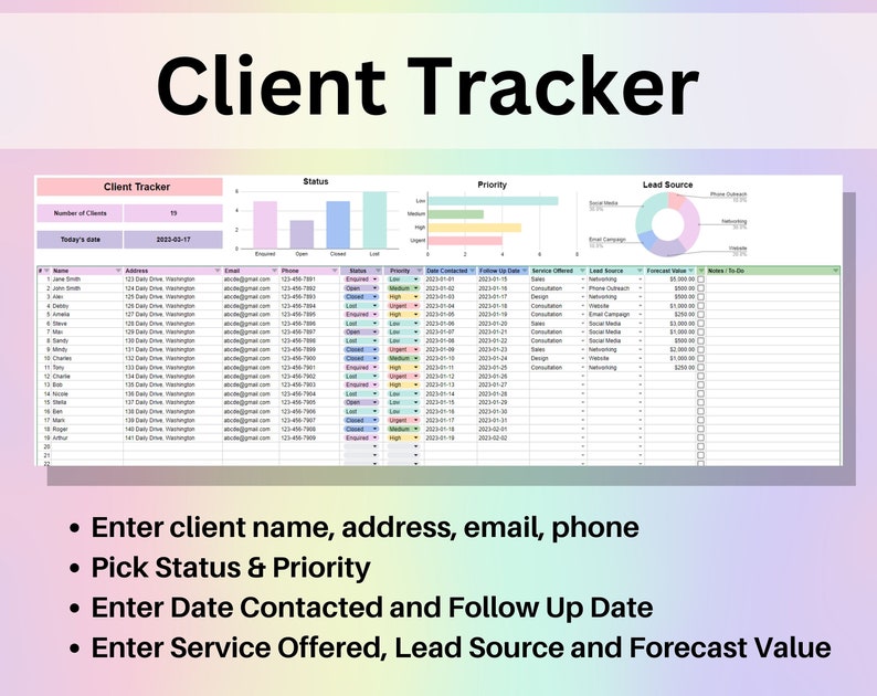 May include: A spreadsheet with a colourful chart and graph showing client data. The spreadsheet is labelled "Client Tracker" and includes columns for client name, address, email, phone, status, priority, date contacted, follow up date, service offered, lead source, forecast value, notes, and to do. The spreadsheet is a tool for tracking client information and progress.
