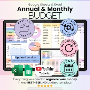 Hoja de cálculo de presupuesto anual y mensual / Plantilla de planificador financiero para Google Sheets y Excel / Seguimiento mensual de ingresos, gastos y facturas