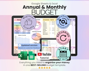 Annual & Monthly Budget Spreadsheet | Google Sheets and Excel Financial Planner Template | Monthly Income, Expense and Bill Tracker