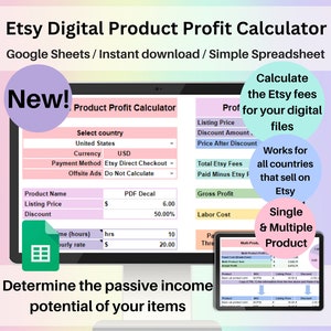 May include: A computer screen displaying a Google Sheets spreadsheet titled "Etsy Digital Product Profit Calculator". The spreadsheet is designed to help Etsy sellers calculate their profit margins on digital products. The spreadsheet includes fields for product name, listing price, discount, total Etsy fees, paid minus Etsy fees, gross profit, labor cost, and more. The spreadsheet is designed to work for all countries that sell on Etsy, for both single and multiple products.