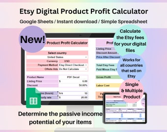 Calculateur de profit de produit numérique Etsy Feuille de calcul Modèle de feuilles Google Revenu passif Fichiers de téléchargement numérique Bénéfice d'un seul article multiple