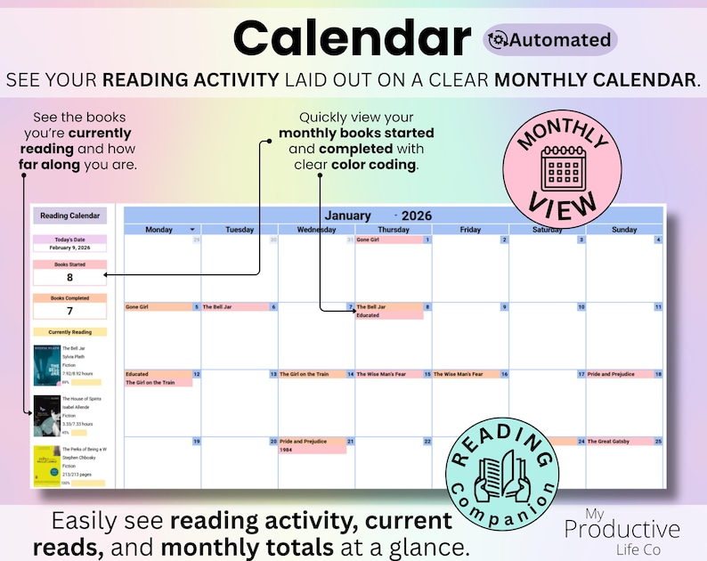 Color-coded monthly calendar showing books started and completed, current reads, and monthly totals. Month is selected from a dropdown and year is entered manually.