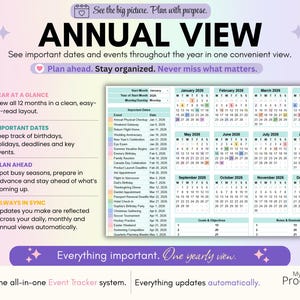 Year-at-a-glance calendar displaying all twelve months with important dates and recurring tasks. Designed for long-term planning and tracking deadlines throughout the year.