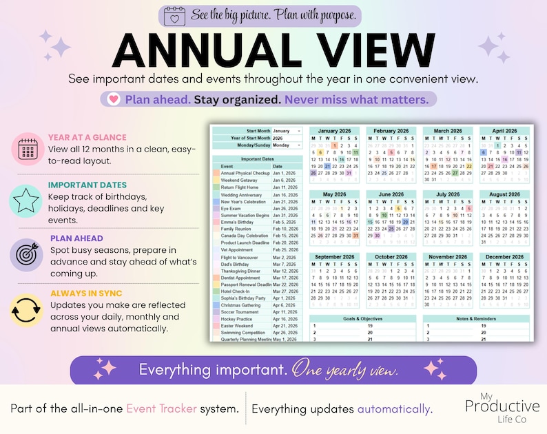 Year-at-a-glance calendar displaying all twelve months with important dates and recurring tasks. Designed for long-term planning and tracking deadlines throughout the year.