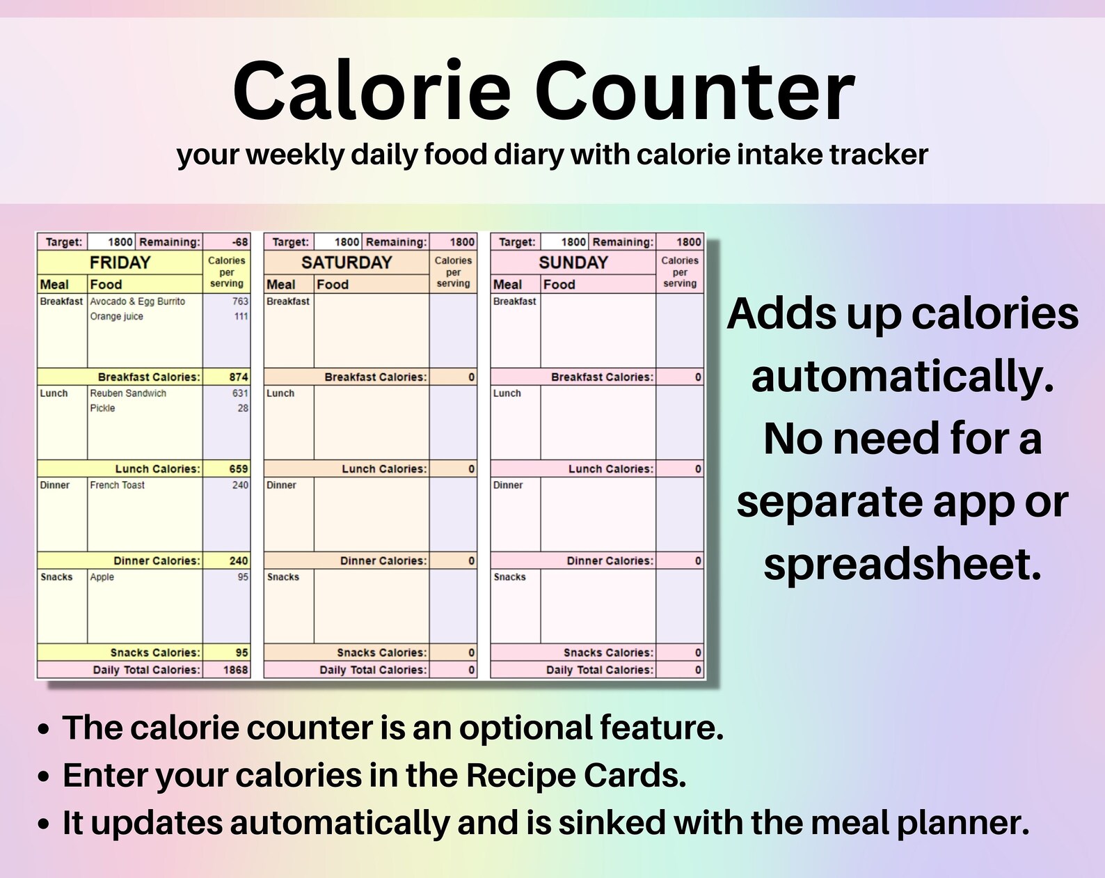 Weekly Meal Planner Spreadsheet Google Sheets Recipe Builder - Etsy