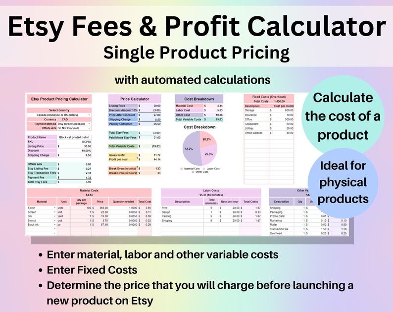 Etsy Fees & Profit Calculator Product Pricing Excel Google Sheets Template Automated Small Business Spreadsheet Single Multiple Item Markup image 2