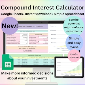 Compound Interest Calculator Spreadsheet, Rainbow Google Sheets Template, Digital Investment Tracker, Finance Planner, Retirement Plan