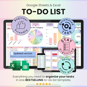 To-Do List Spreadsheet Google Sheets & Excel | Task Tracker Template Automated Daily and Weekly Planner Monthly Calendar Checklist Manager