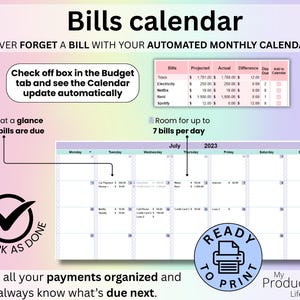 Monthly bills calendar displaying due dates, payments, and scheduled bills at a glance.