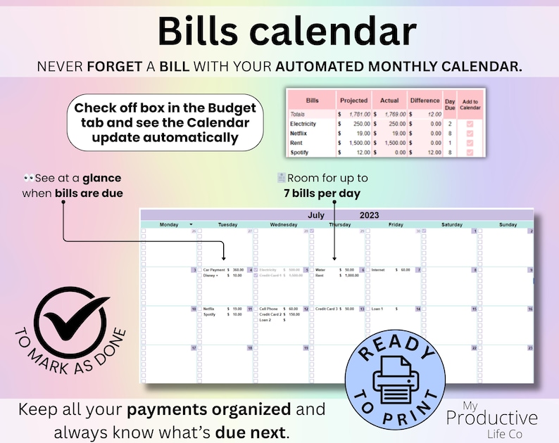 Monthly bills calendar displaying due dates, payments, and scheduled bills at a glance.