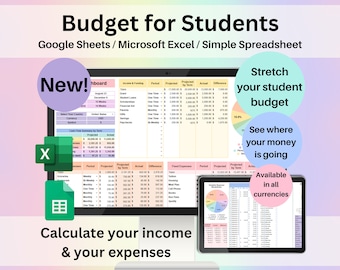 Feuille de calcul du budget pour les étudiants Feuilles Google Modèle Excel Planificateur financier académique numérique Feuille de travail de suivi des finances universitaires