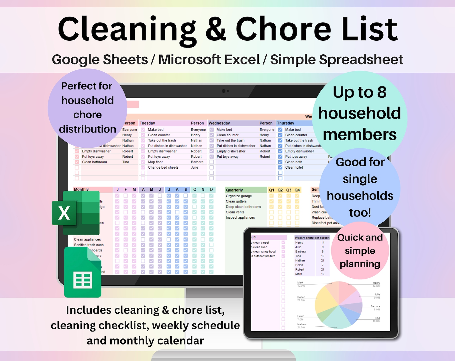 Cleaning & Chore List Spreadsheet Google Sheets and Excel | Household ...