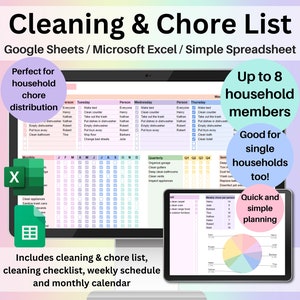 Planilha de lista de tarefas e limpeza Planilhas Google Planilhas Excel Cronograma de distribuição de tarefas domésticas Lista de verificação de limpeza Modelo de calendário de tarefas semanais