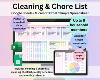 Cleaning & Chore List Spreadsheet Google Sheets and Excel | Household Task Tracker, Weekly Schedule, Family Planner