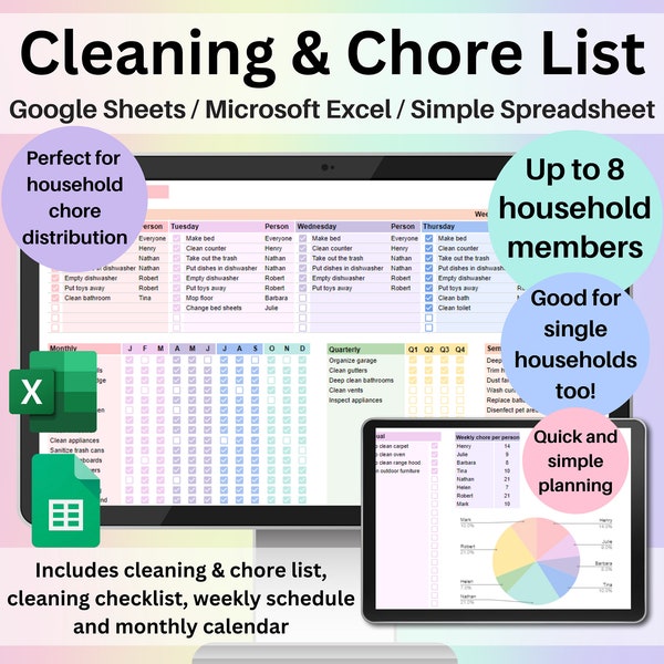 Cleaning & Chore List Spreadsheet Google Sheets Excel Household Task Distribution Schedule Cleaning Checklist Weekly To-Do Calendar Template