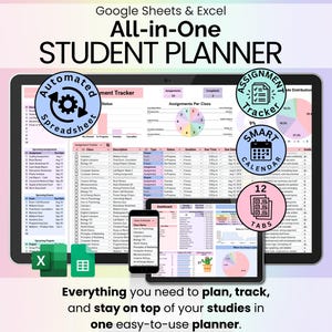 All-in-One Student Planner Google Sheets Excel College Spreadsheet Assignment Tracker Class Schedule Academic Template Smart Calendar Budget