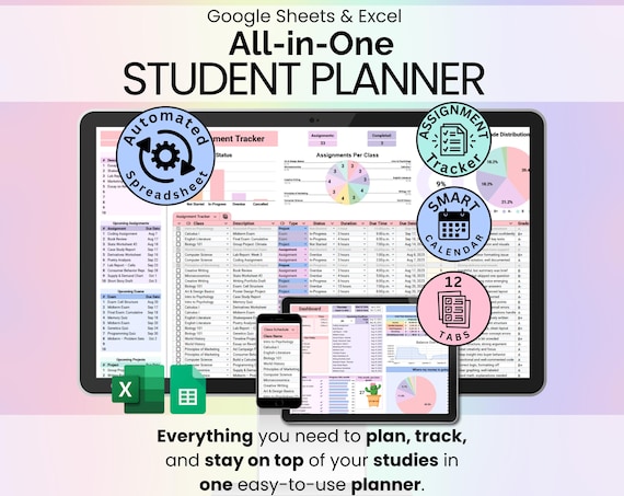 All-in-One Student Planner Google Sheets Excel College Spreadsheet Assignment Tracker Class Schedule Academic Template Smart Calendar Budget