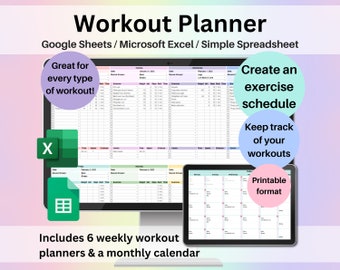 Planificateur d'entraînements, feuille de calcul Google Sheets, outil de suivi des exercices Excel, liste de contrôle pour la salle de sport, modèle de remise en forme, haltérophilie, musculation, Pilates