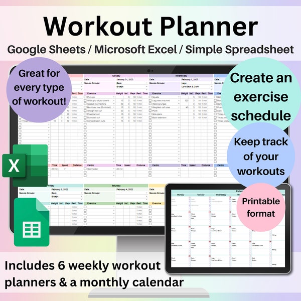 Planificateur d'entraînements, feuille de calcul Google Sheets, outil de suivi des exercices Excel, liste de contrôle pour la salle de sport, modèle de remise en forme, haltérophilie, musculation, Pilates
