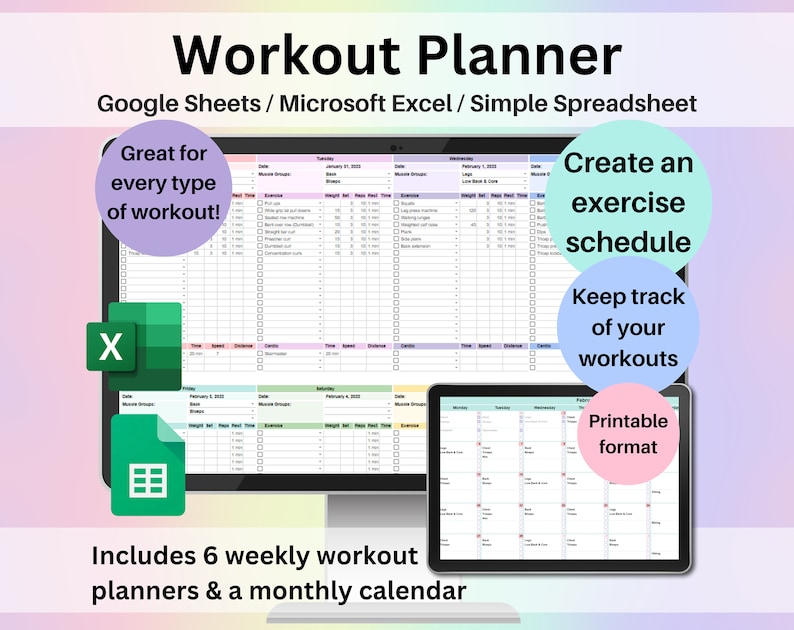 Puede incluir: Una ilustraci&oacute;n digital de una pantalla de computadora que muestra una hoja de c&aacute;lculo de planificaci&oacute;n de entrenamiento. La hoja de c&aacute;lculo est&aacute; dise&ntilde;ada para usar con Google Sheets o Microsoft Excel. La imagen tambi&eacute;n incluye una tableta que muestra un calendario mensual. El texto en la imagen dice "Workout Planner", "Google Sheets / Microsoft Excel / Simple Spreadsheet", "&iexcl;Genial para todo tipo de entrenamiento!", "Crea un programa de ejercicios", "Lleva un registro de tus entrenamientos", "Formato imprimible", y "Incluye 6 planificadores de entrenamiento semanales y un calendario mensual".