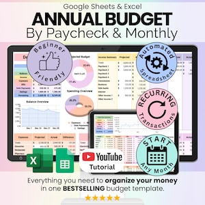Annual Budget By Paycheck & Monthly Spreadsheet Google Sheets and Excel Financial Planner Template Monthly Income, Expense and Bill Tracker