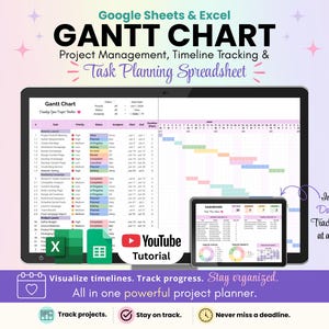 Puede incluir: Una hoja de cálculo de diagrama de Gantt para Google Sheets y Excel para la gestión de proyectos. La pantalla muestra listas de tareas, cronogramas y un panel de control de seguimiento de progreso. Incluye iconos de Excel, Google Sheets y un tutorial.