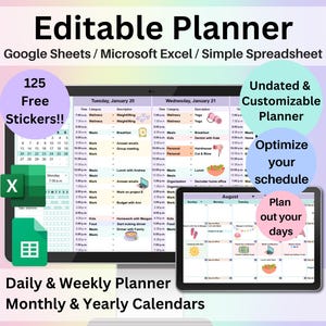 Planner modificabile Fogli Google Excel Planner digitale Foglio di calcolo Agenda giornaliera settimanale Calendario mensile annuale Modello di programma giornaliero digitale